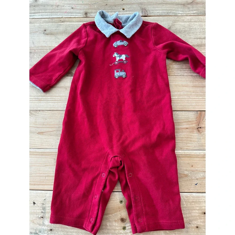Janie and Jack Red‎ Embroidered Toy Romper One Piece 3-6 Months Car Horse Train